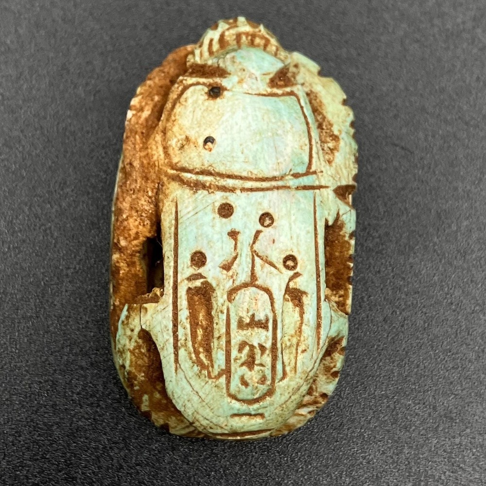Vintage Egyptian Scarab Beetle Amulet Faience Hieroglyphics Faded Blue 1.8"